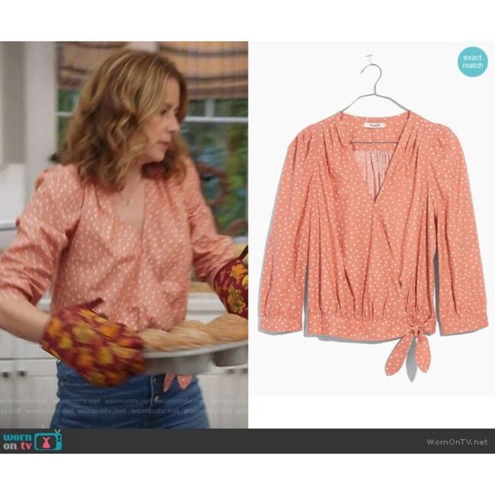 Madewell Star Scatter Wrap Top Peach Blush 100% Cotton 3/4 Sleeve Tie Waist XS - Picture 10 of 10